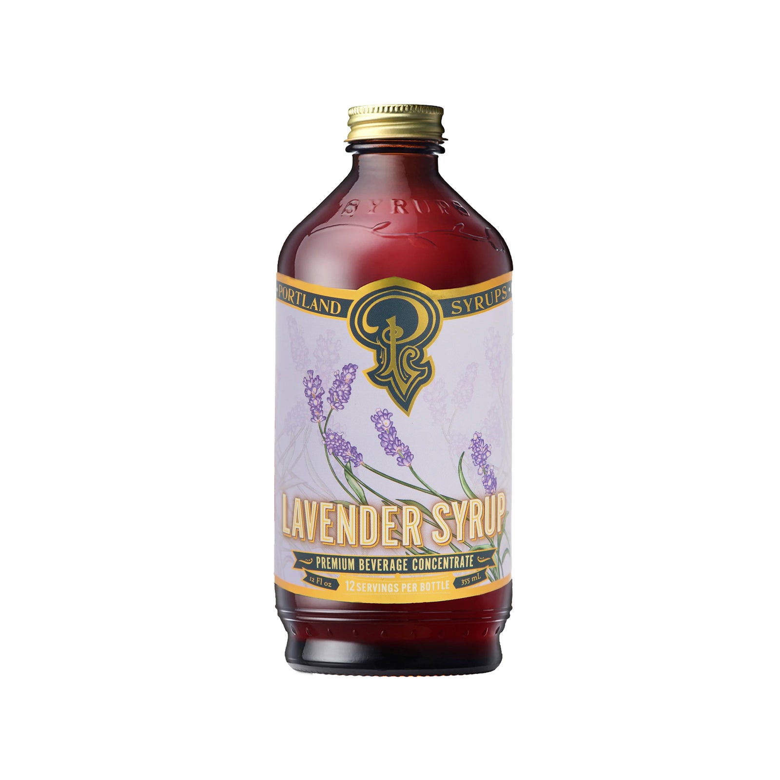 Bottle of lavender syrup with a visible brand logo on a white background