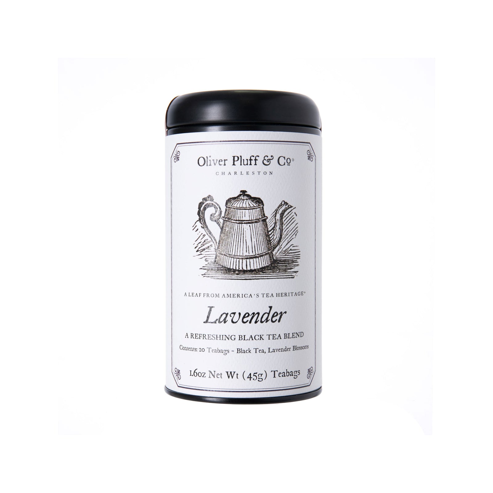 Canister of lavender tea with Oliver Pluff & co branding on a white background.