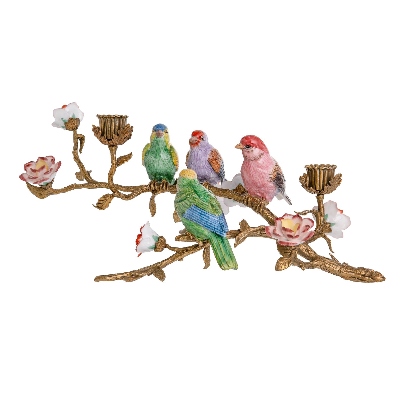 Captivate your dinner guests with this unique, heirloom-quality candelabra. With opulent and striking details, this stunning candelabra features four detailed, hand-painted porcelain birds perched on a solid bronze branch, framed by five porcelain flowers. Dimensions: approximately 16" x 10" x 5" x 9" Hand-painted.