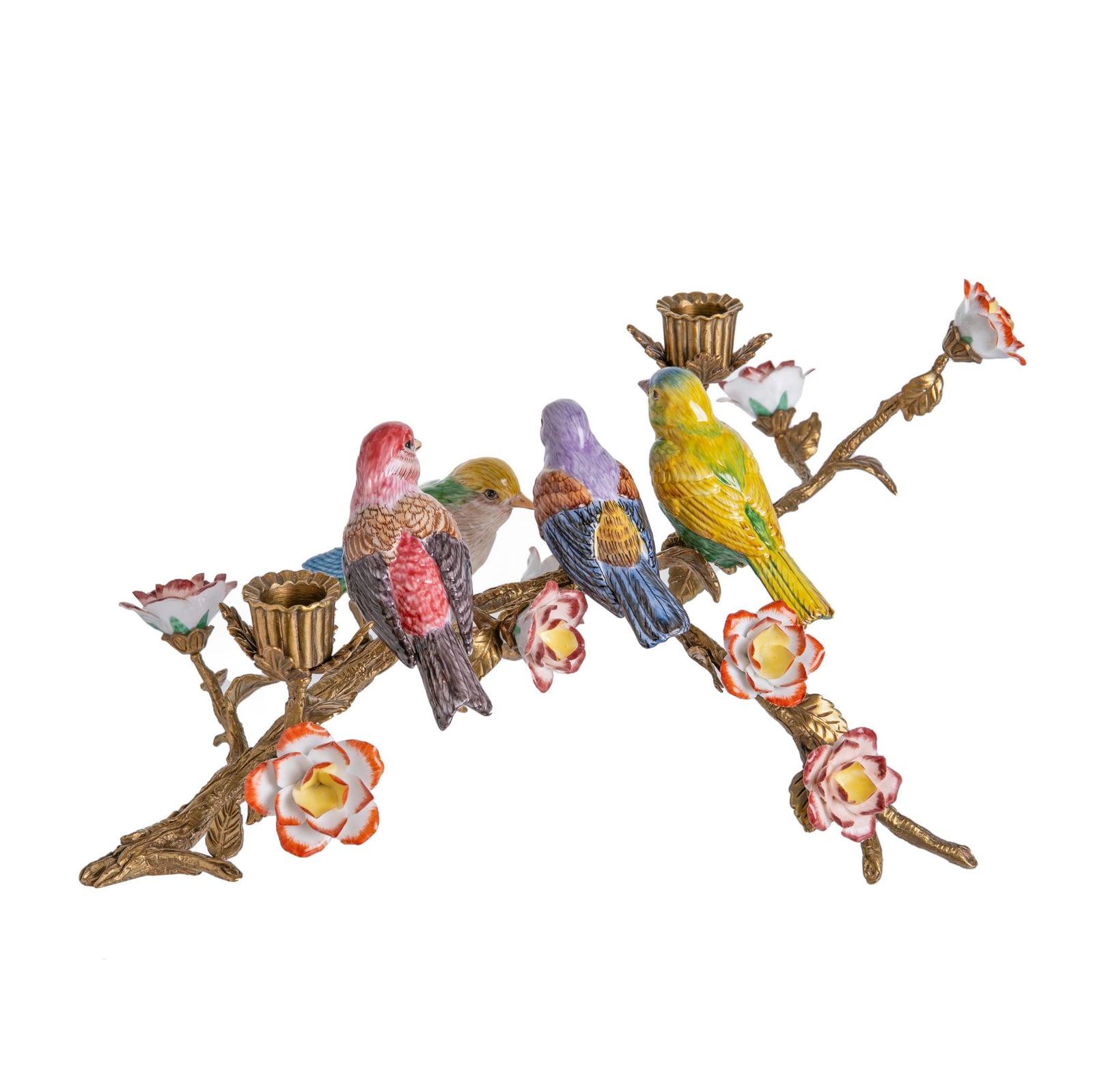 Captivate your dinner guests with this unique, heirloom-quality candelabra. With opulent and striking details, this stunning candelabra features four detailed, hand-painted porcelain birds perched on a solid bronze branch, framed by five porcelain flowers. Dimensions: approximately 16" x 10" x 5" x 9" Hand-painted.