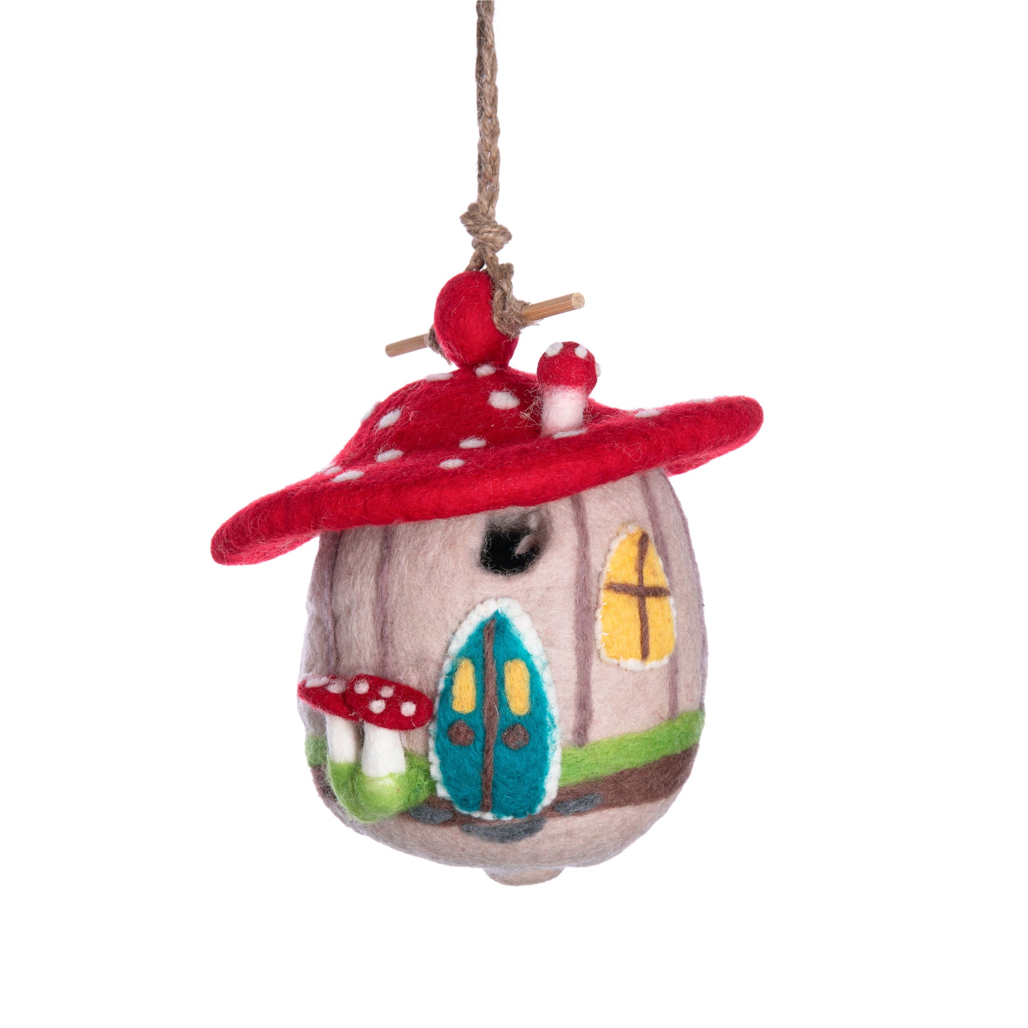 This felt birdhouse is unique, fun, and functional! This hand-felted, mushroom-shaped birdhouse is water-repellant, dirt-resistant, and naturally durable—plus, it dries quickly after rain. You can hang it outside to attract nesting birds, or display it inside as a colorful decoration. 10" x 8".