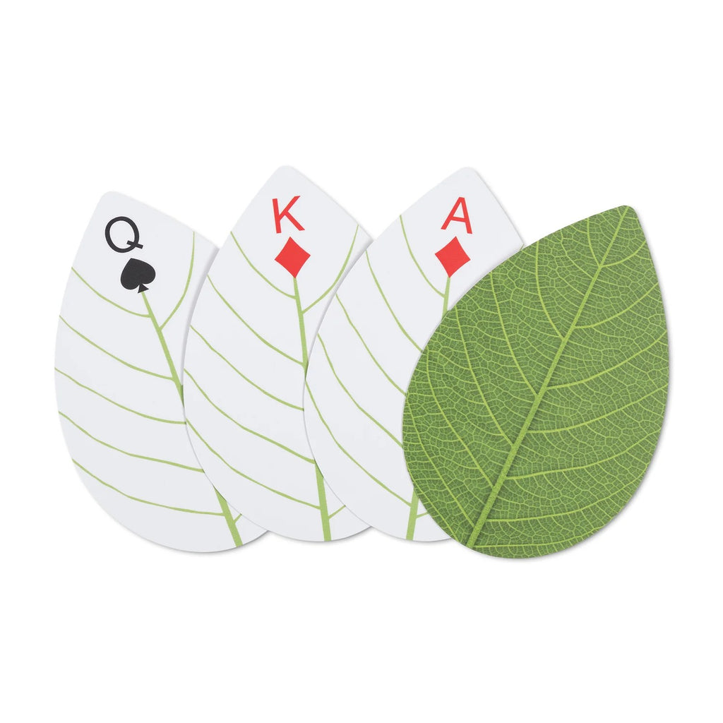 Bored of plain old card decks? Then here's your answer! These fun leaf-shaped cards are packaged in a handy storage tin, making them perfect for road trips, in-flight entertainment, campfires, beach days and more! Set of 52 leaf-shaped playing cards in a metal tin. Dimensions of tin: 4" x 3" x 1".