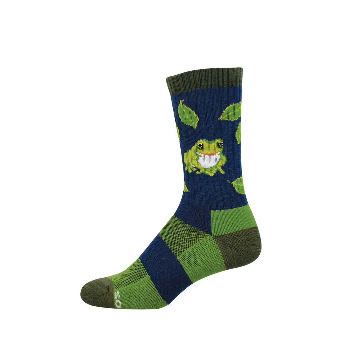 A single crew sock with a dark navy blue upper, green and navy striped lower section, and a graphic of a smiling green frog surrounded by leaves.