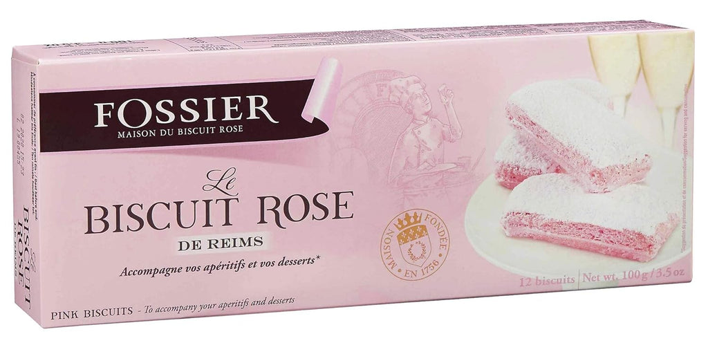 Made by Fossier, founded in 1756, the oldest biscuit maker in France, who became famous thanks to these pretty rose-pink pastries whose authentic recipe has remained largely unchanged for the past 260 years. Enjoy this vanilla flavored delight with tea or dip into a glass of champagne! Box of 12 biscuits Net wt. 3.5 oz