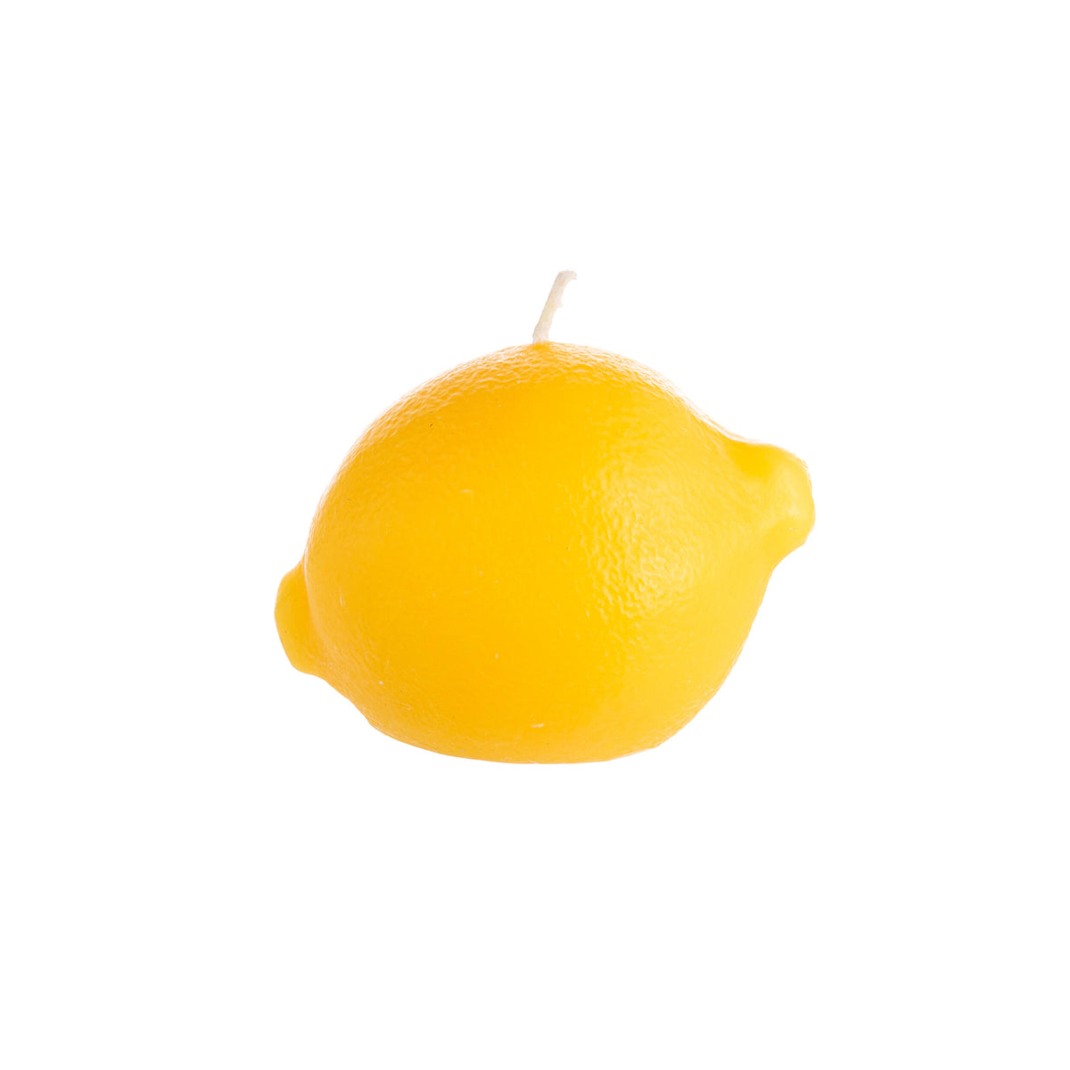 Yellow lemon-shaped candle on a white background