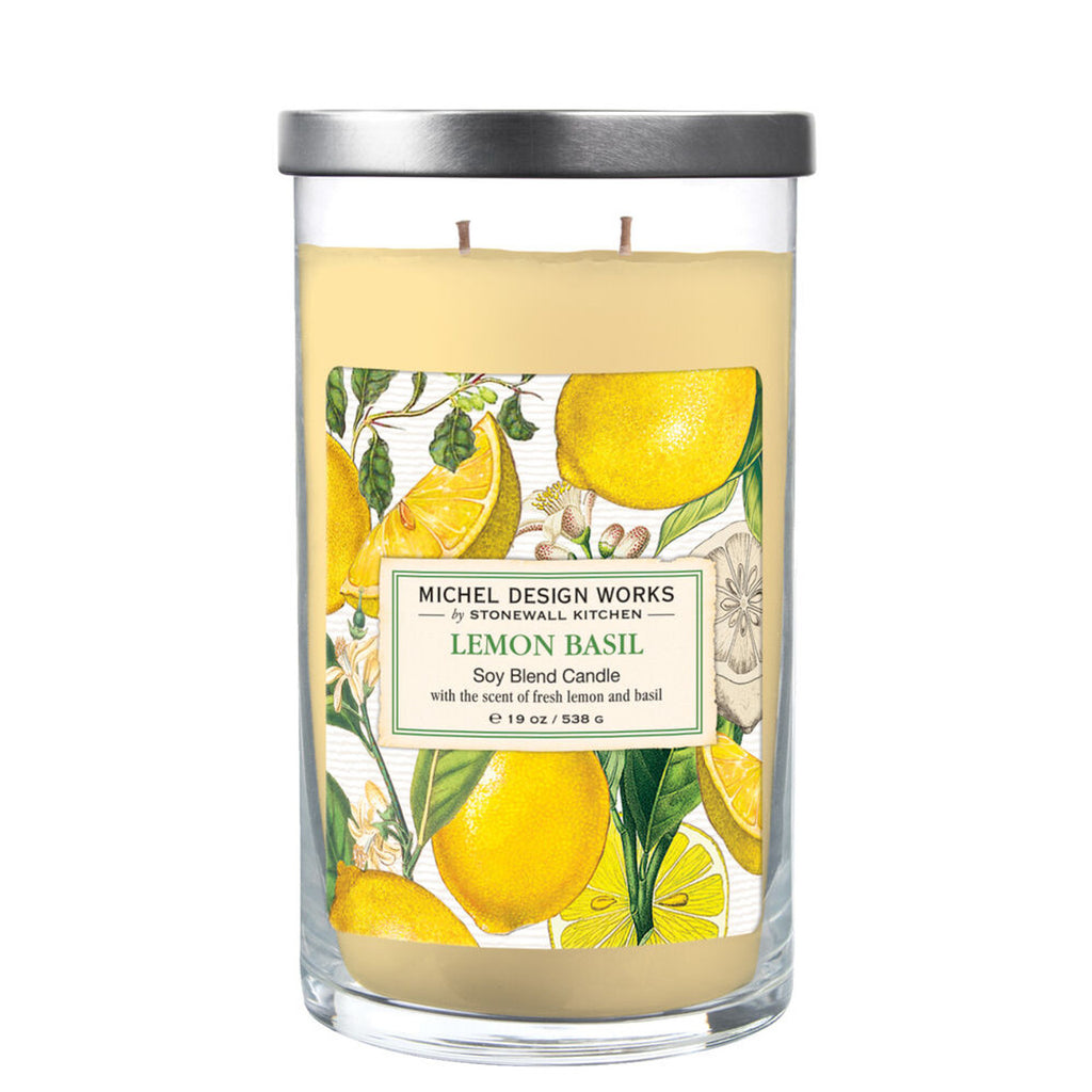 This soy-blend large tumbler candle feature two wicks for a wonderful burst of high quality fragrance. Citrus notes of lemon and mandarin enhanced with green basil leaf will add a fresh, uplifting aroma to any room. Over 100 hours burn time 19 oz. Approximate Size: 6" x 3.5”.