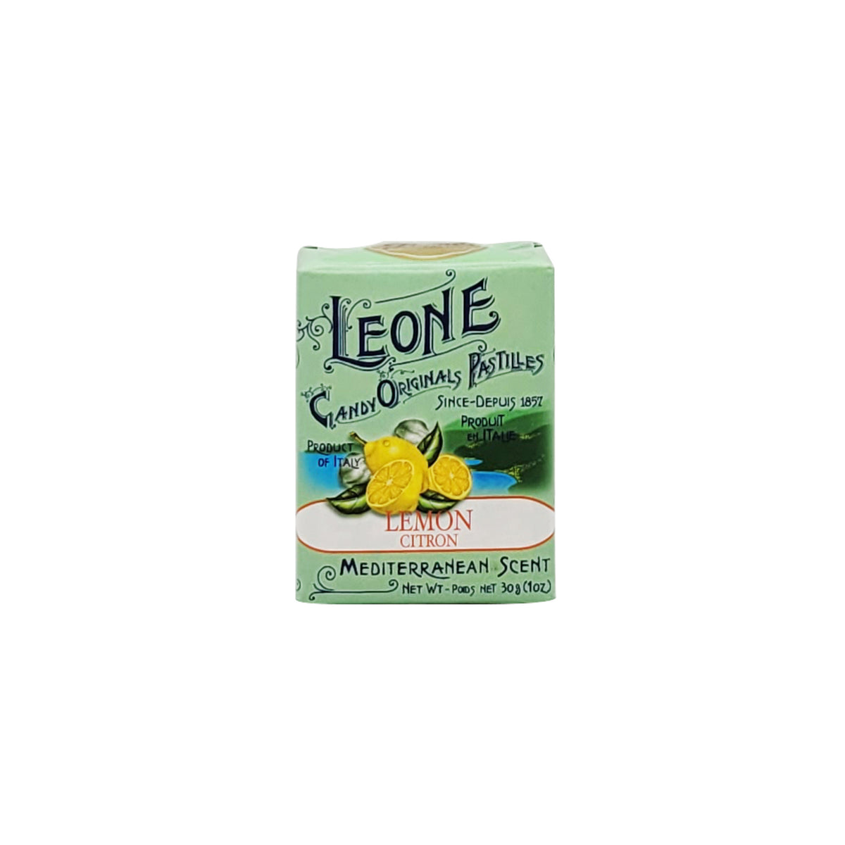 A box of LEMON CANDY pastilles by Pastiglie Leone. The box is colored in pastel green with an image of lemons and text detailing the product as Mediterranean scent candy.