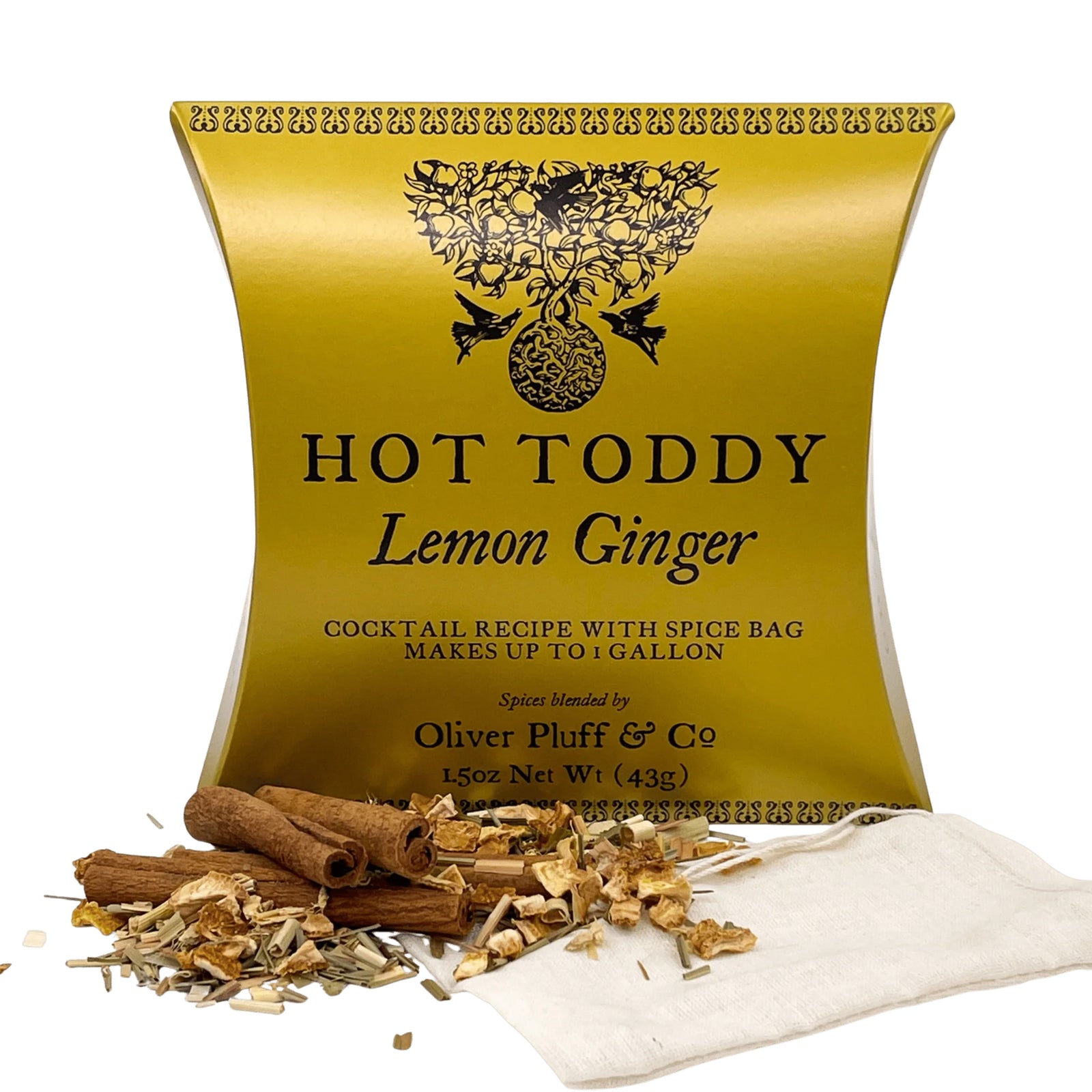 Hot Toddy Lemon Ginger spice bag with cinnamon sticks and a white pouch on a white background