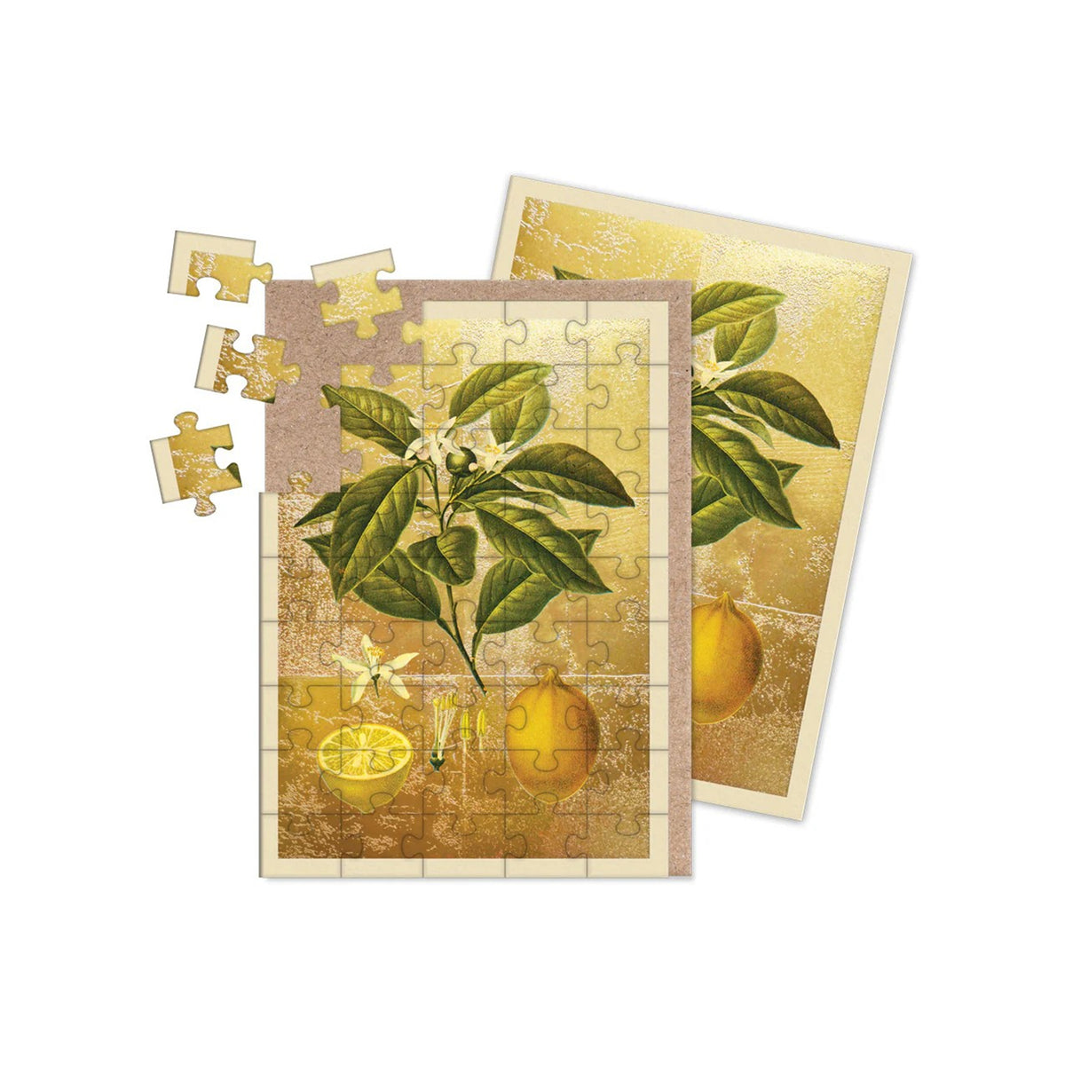 Jigsaw puzzle note card with lemon and leaf design on a white background
