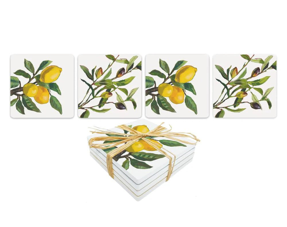 Add a splash of citrussy color to your table setting with these lovely lemon print coasters. Made from a moisture-absorbent ceramic material, these cork backed coasters will protect your furniture from dreaded mug and glass rings! Set of four coasters Absorbent ceramic material Dimensions: 4&quot; x 4&quot;