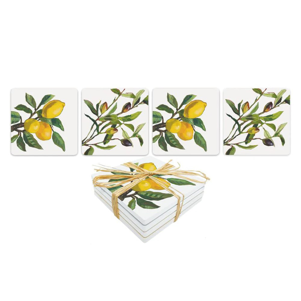 A set of square coasters printed with a botanical illustration of lemons on branches, shown with four individual coasters and a stack tied with a twine bow on a white background.