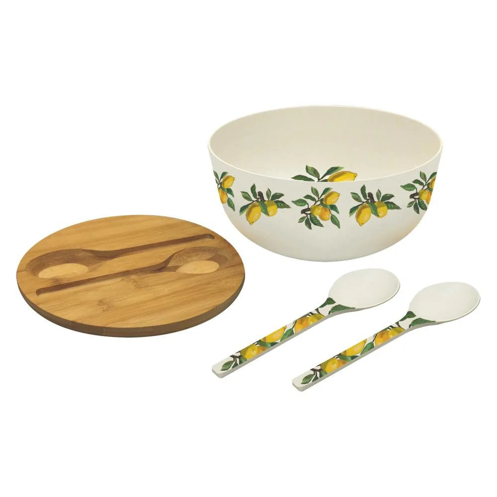 This delightful salad bowl set is both pretty and practical. The bowl has a bamboo lid so that you can cover up your salad when needed. Two matching serving spoons fit neatly in the lid, making this the perfect set for picnics, barbecues and more! 4-Piece Set: Salad Bowl, Lid and Two Serving Utensils. 9.75&quot; Diameter.