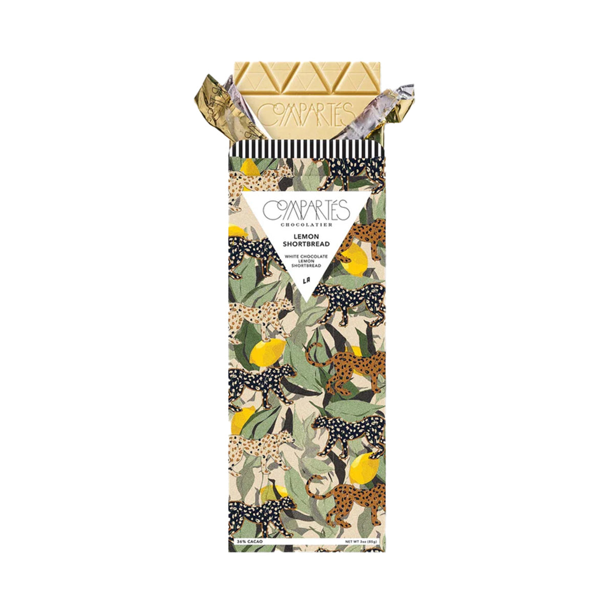  Lemon Shortbread Compartes white chocolate bar with animal print design on a white background