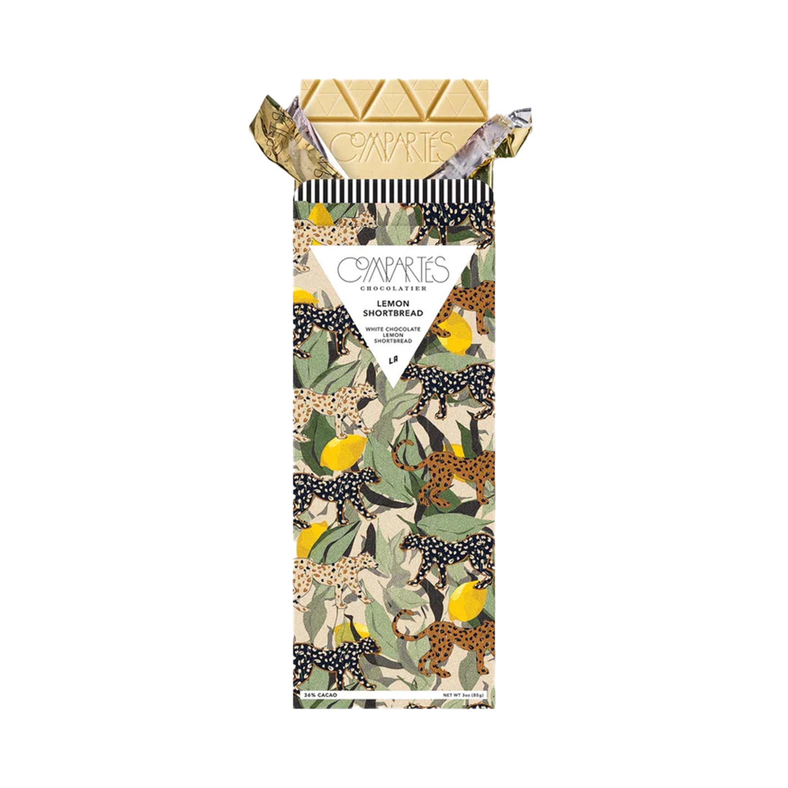  Lemon Shortbread Compartes white chocolate bar with animal print design on a white background