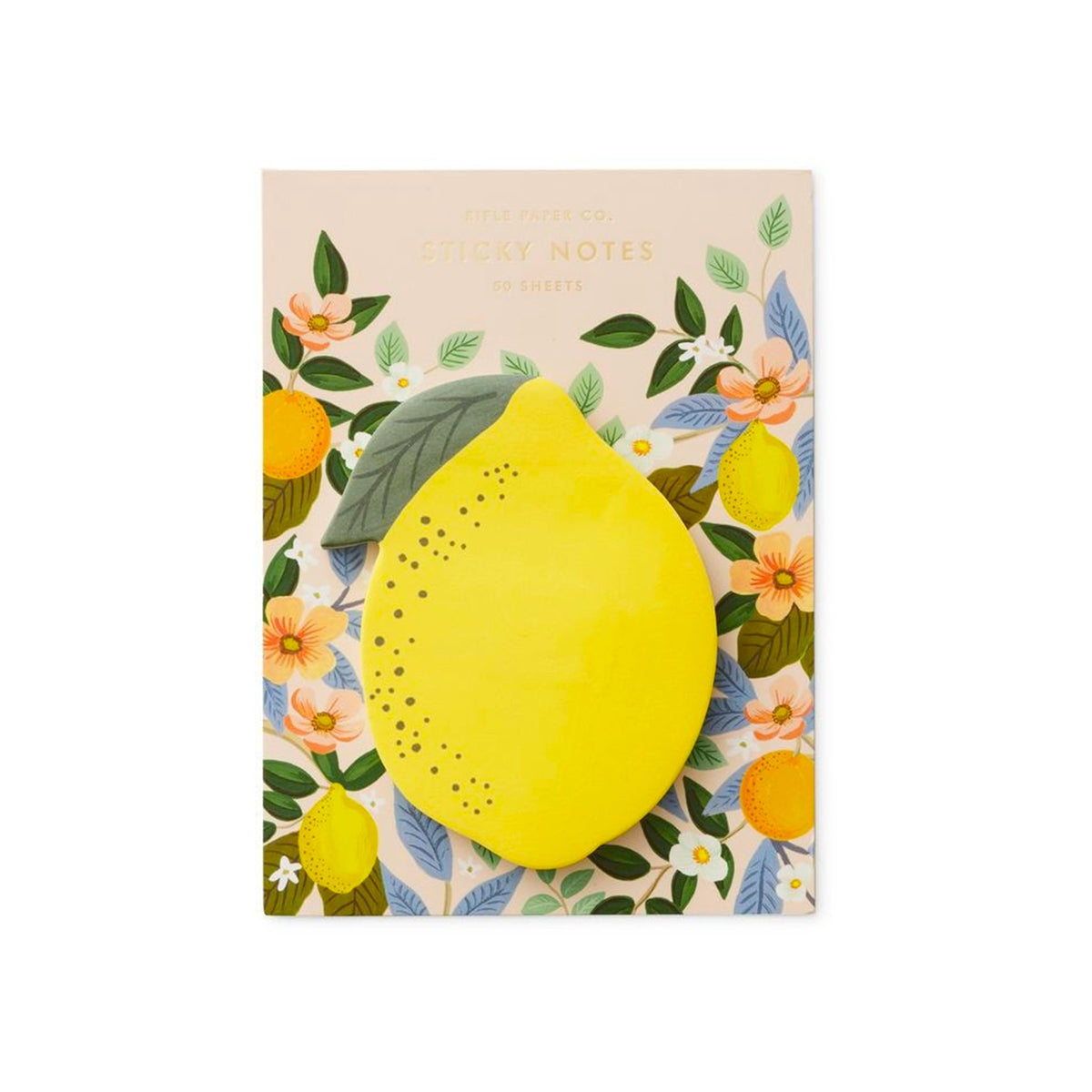 Lemon-shaped sticky note pad on a white background.