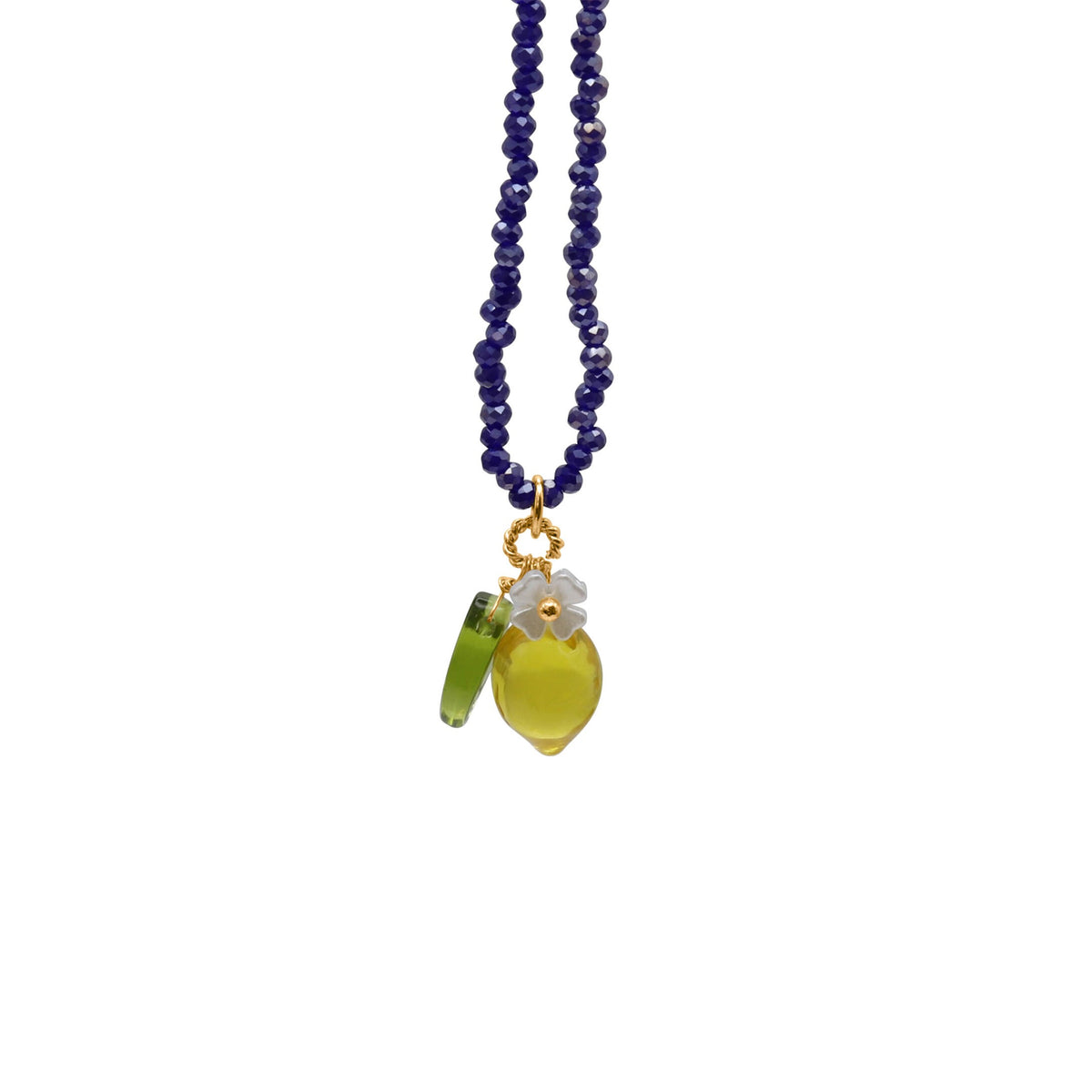 Necklace with a lemon-shaped pendant on a white background