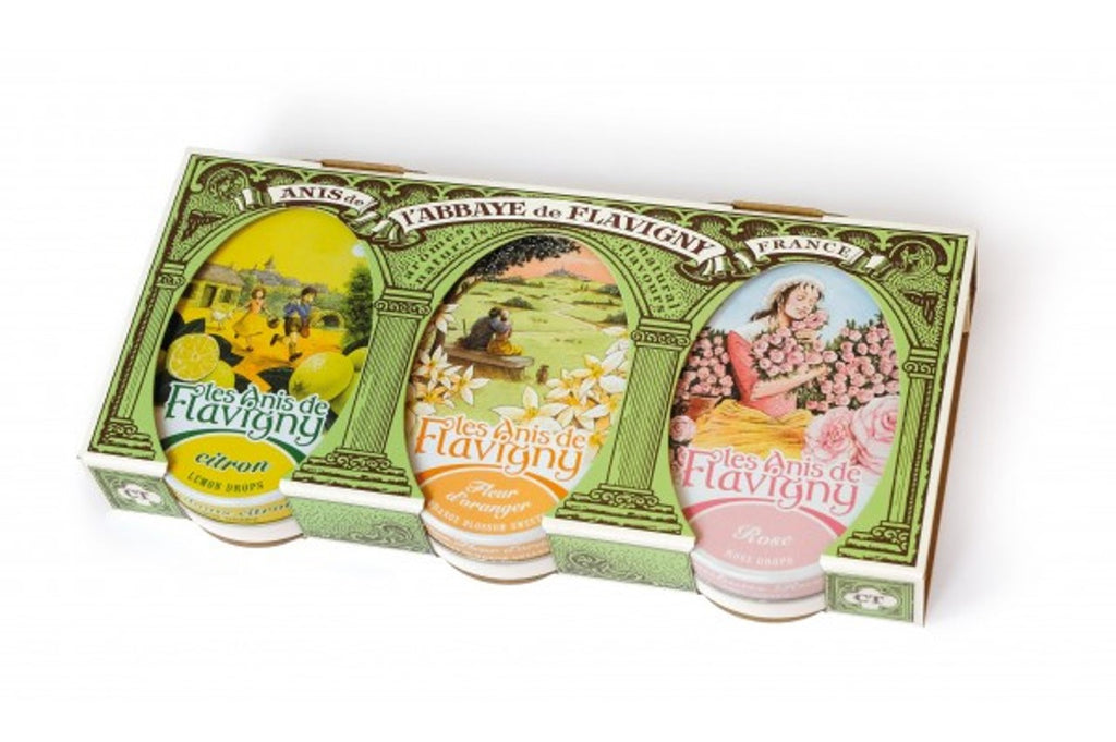 Treat yourself or someone you love to a delicious and elegant gift with this 3-tin set of lemon, orange blossom, and rose candies. Each tin contains hard candies with a center of aniseed, coated in fine layers of sugar and all-natural flavoring. 