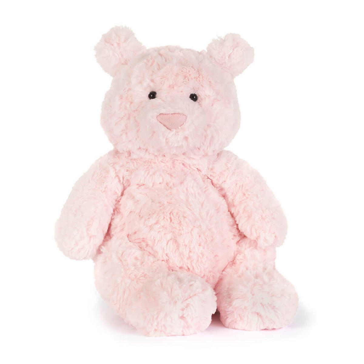Pink Jellycat Leola teddy bear in two sizes, medium and large, on a white background