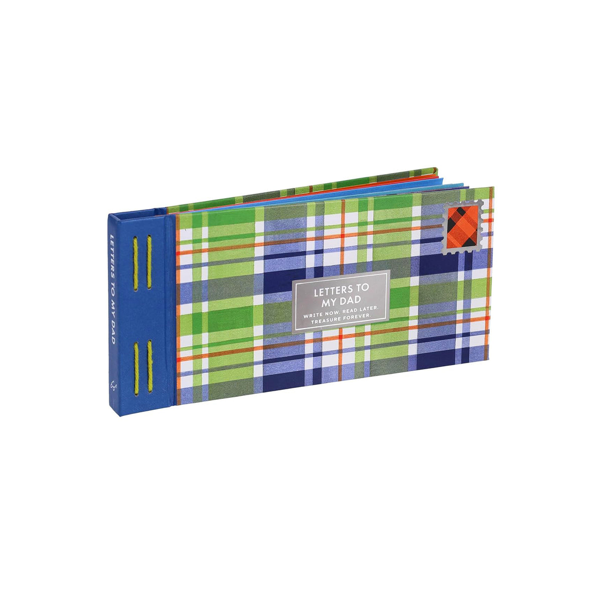 Plaid notebook with 'Letters to My Dad' text on a white background