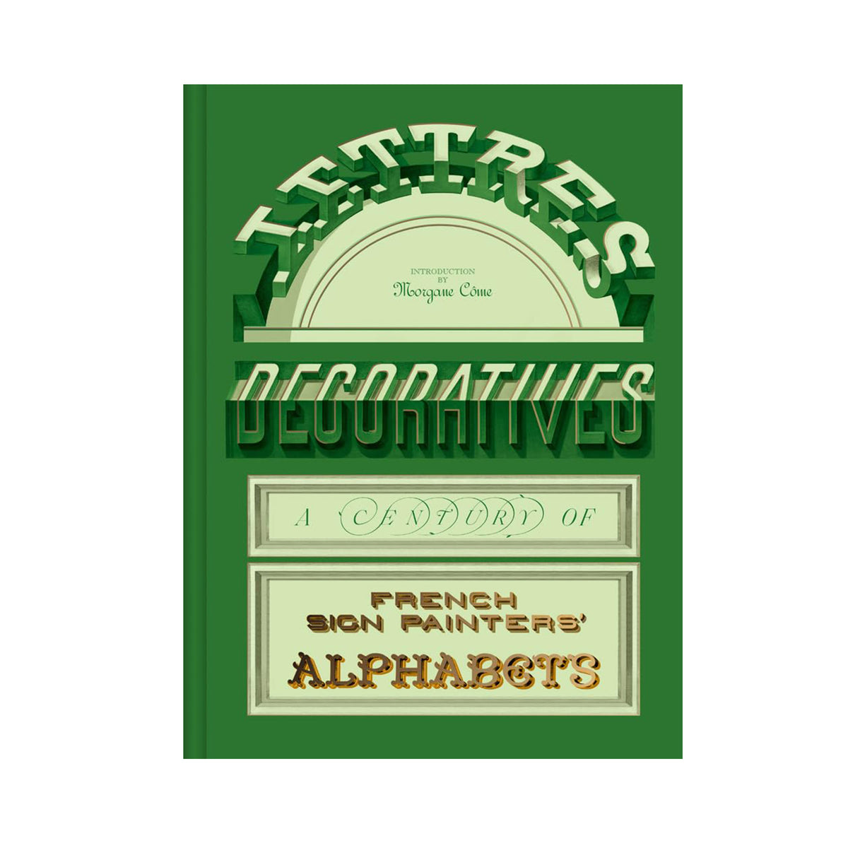 Book cover of 'lettres decoratives' with ornate writing on a green book cover, on a white background.