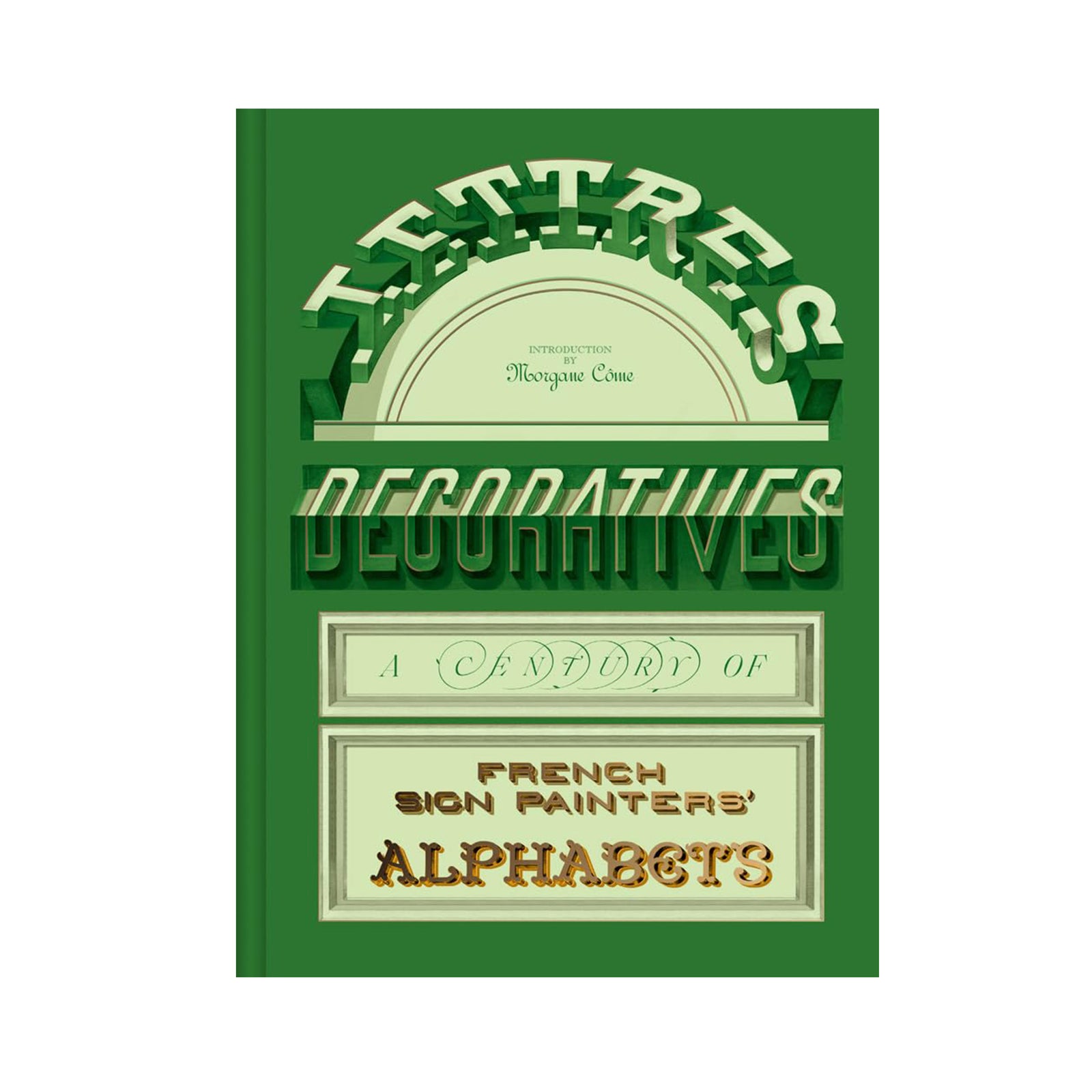 Book cover of 'lettres decoratives' with ornate writing on a green book cover, on a white background.