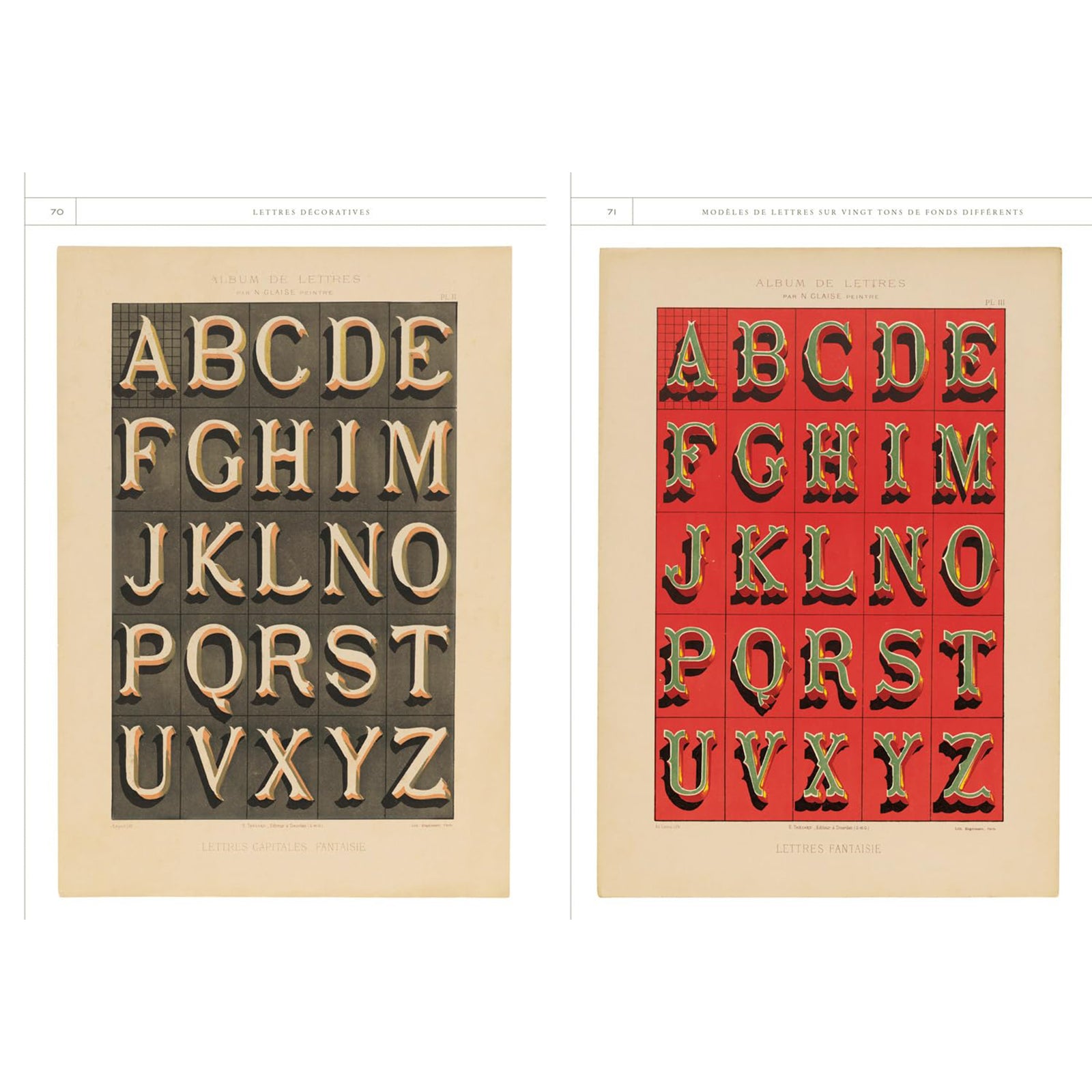 Book cover of 'lettres decoratives' with ornate writing on a green book cover, on a white background.