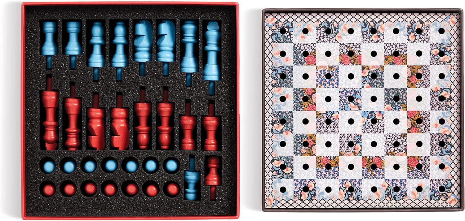 This unique chess set contains a portable Liberty print chess board and 32 wooden pieces, all packed into a pretty box, making it perfect for a game on the go! Chess set - 1 x chess board and 32 wooden chess pieces Features iconic 'Liberty Print' floral patterns. Box Dimensions: 8" x 8" x 2".