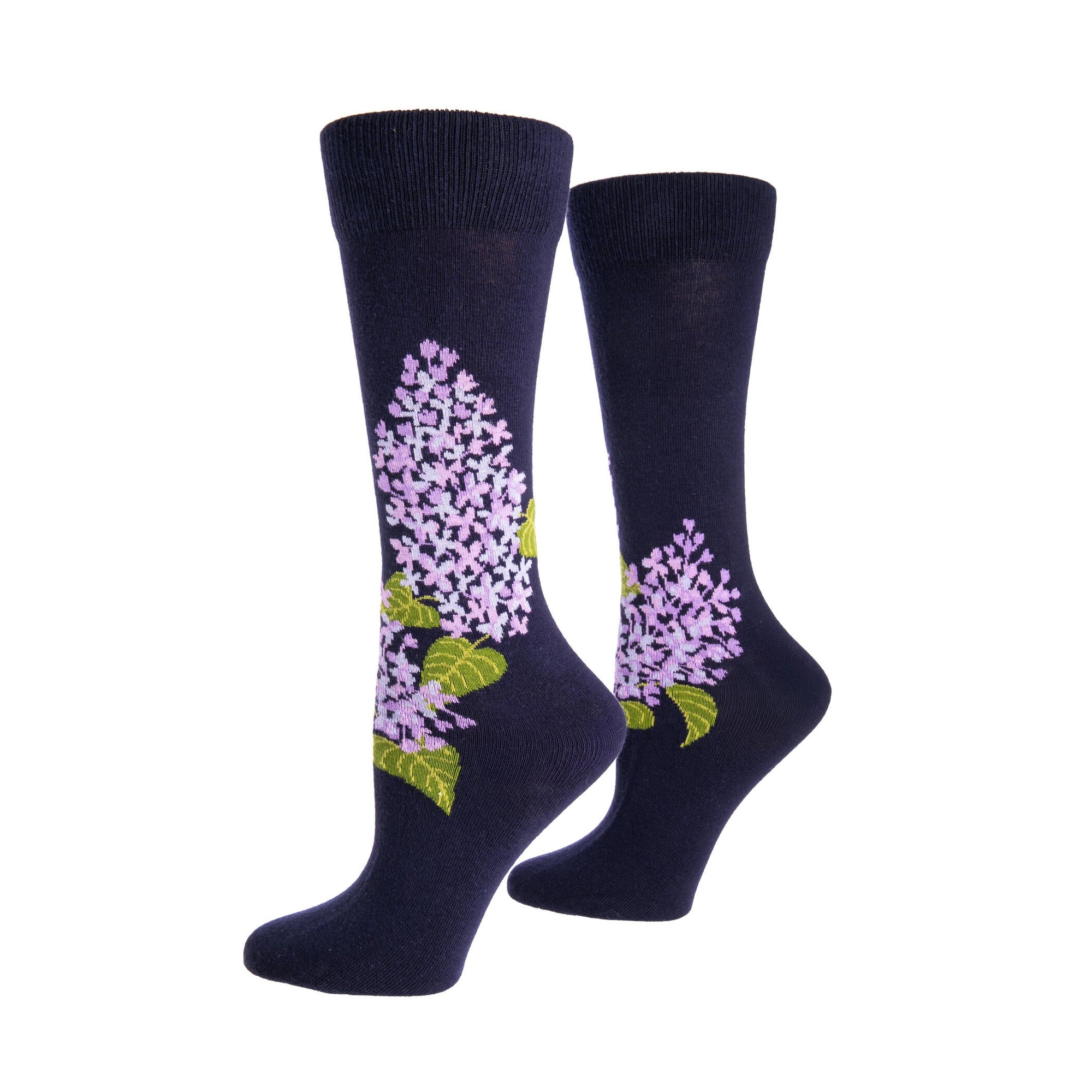 Navy socks with purple floral design on a white background