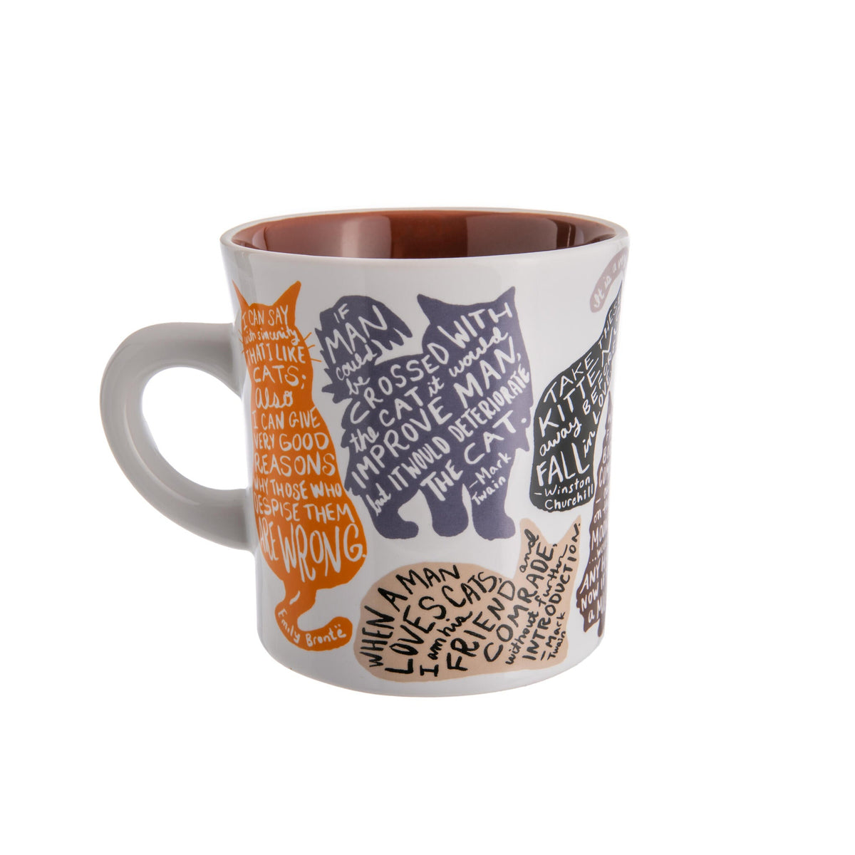 Mug with colorful text and cat illustrations on a white background