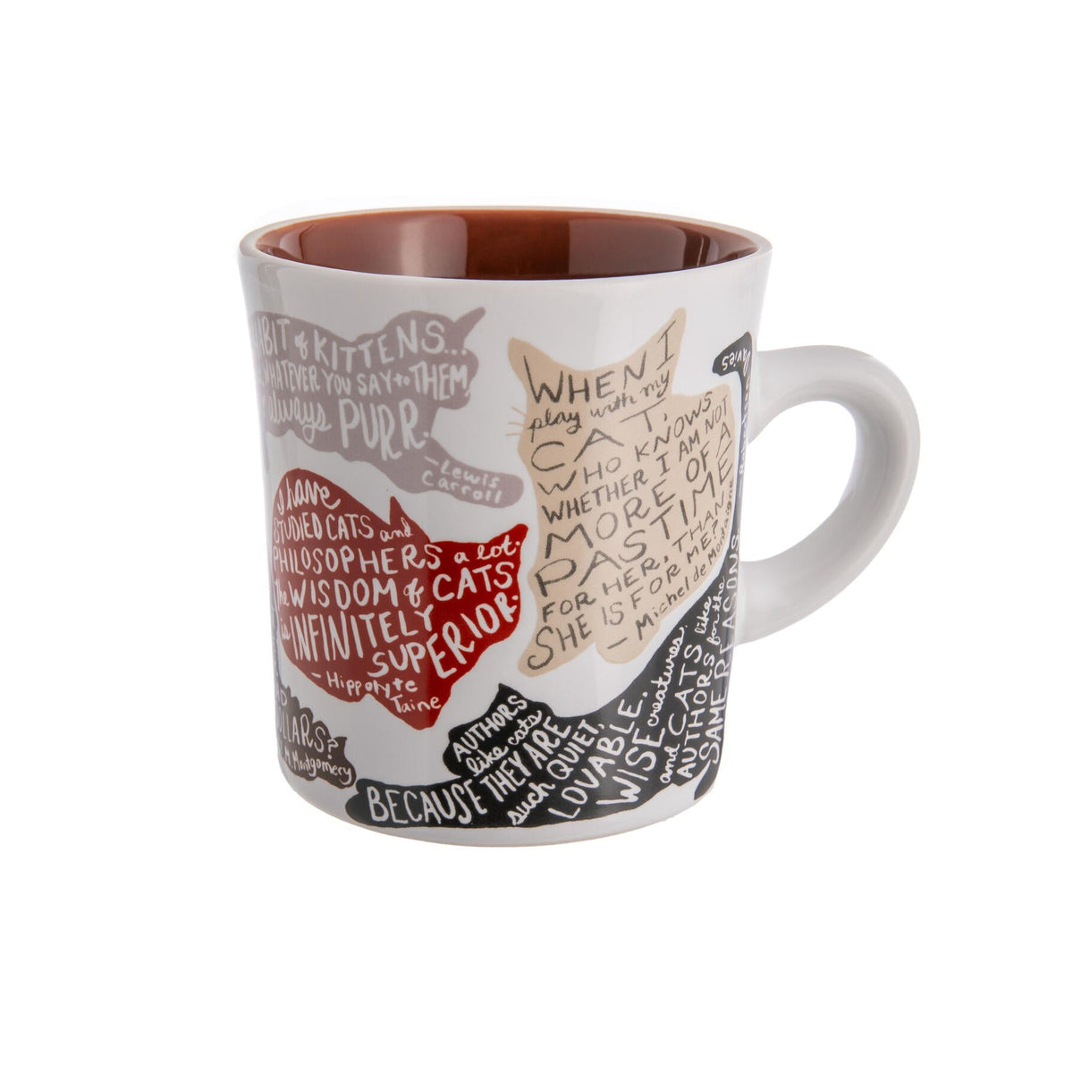 Mug with cat illustration and text on a white background
