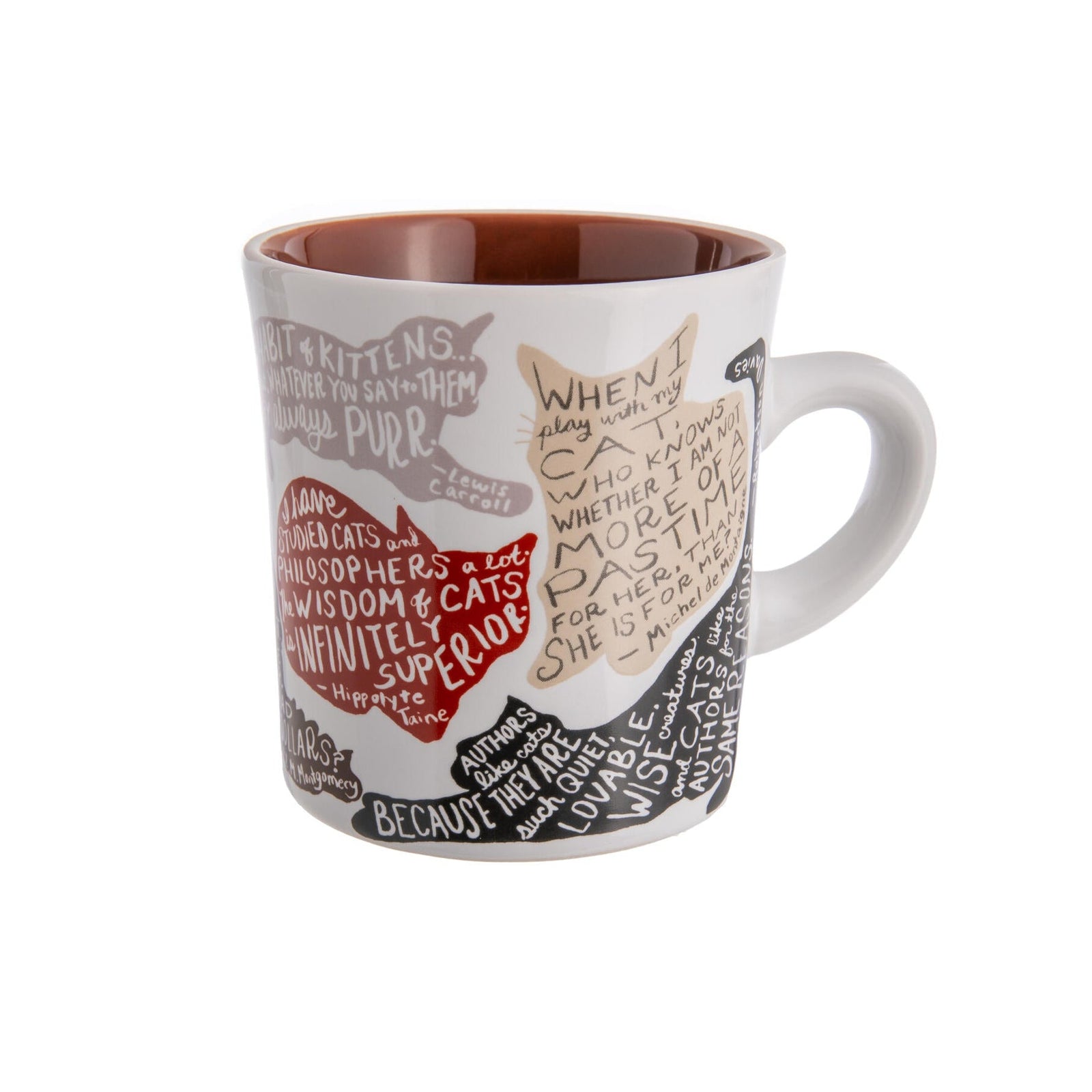 Mug with cat illustration and text on a white background