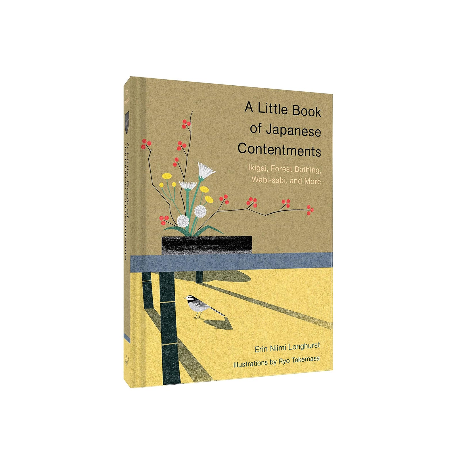 Book cover of 'A Little Book of Japanese Contentments' with illustrations of a bird, flowers, and a pot.