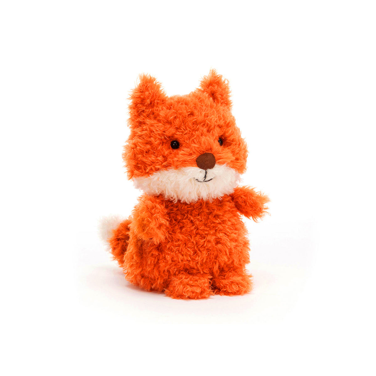 Jellycat little fox plush toy in orange and white faux fur on a white background 