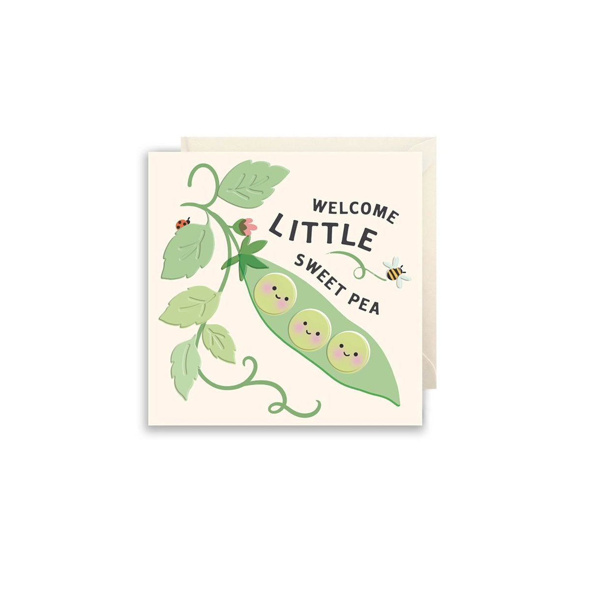 Greeting card with a design of peas in a pod and text 'Welcome Little Sweet Pea' on a white background.