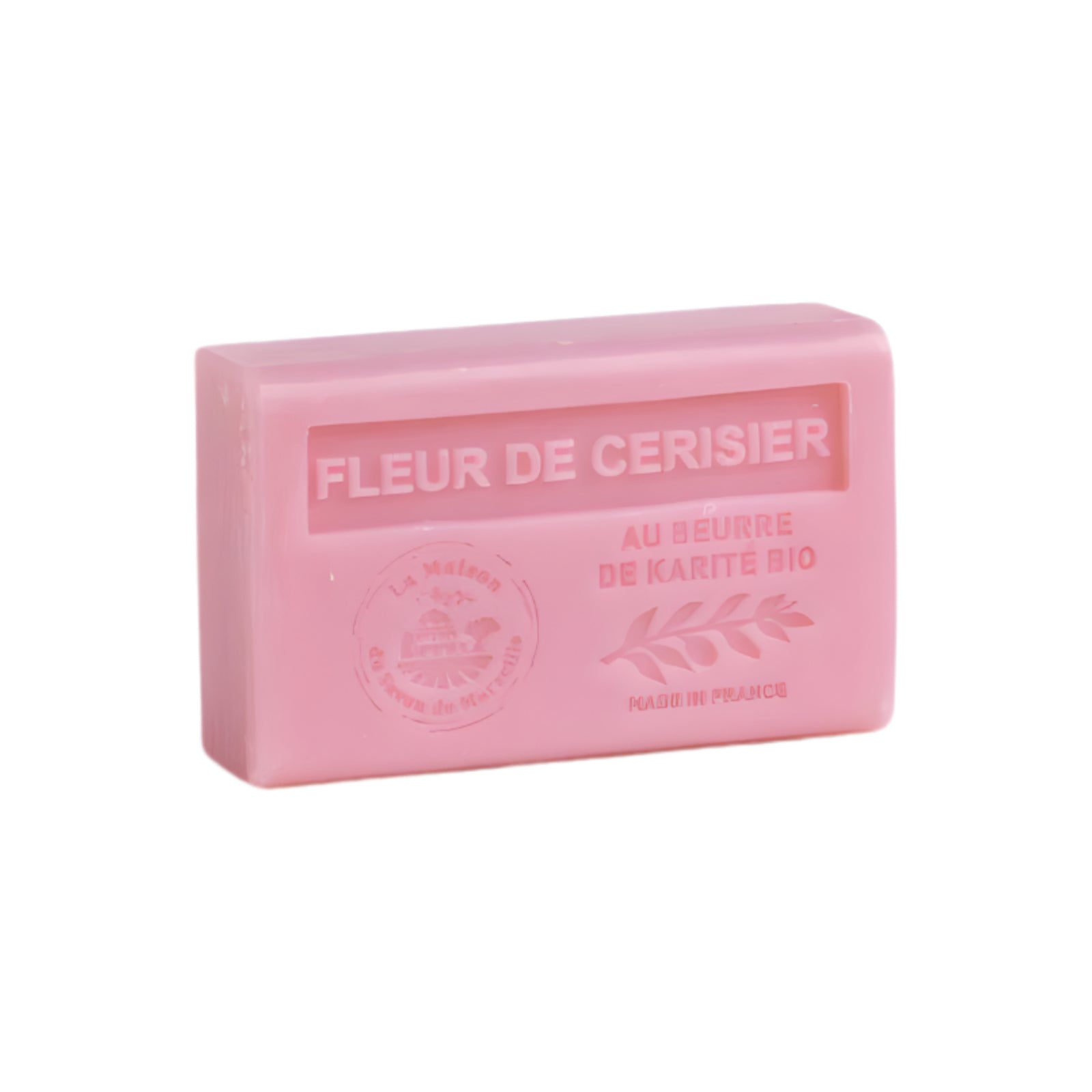 Pink bar of soap with 'Fleur de Cerisier' text on a white background