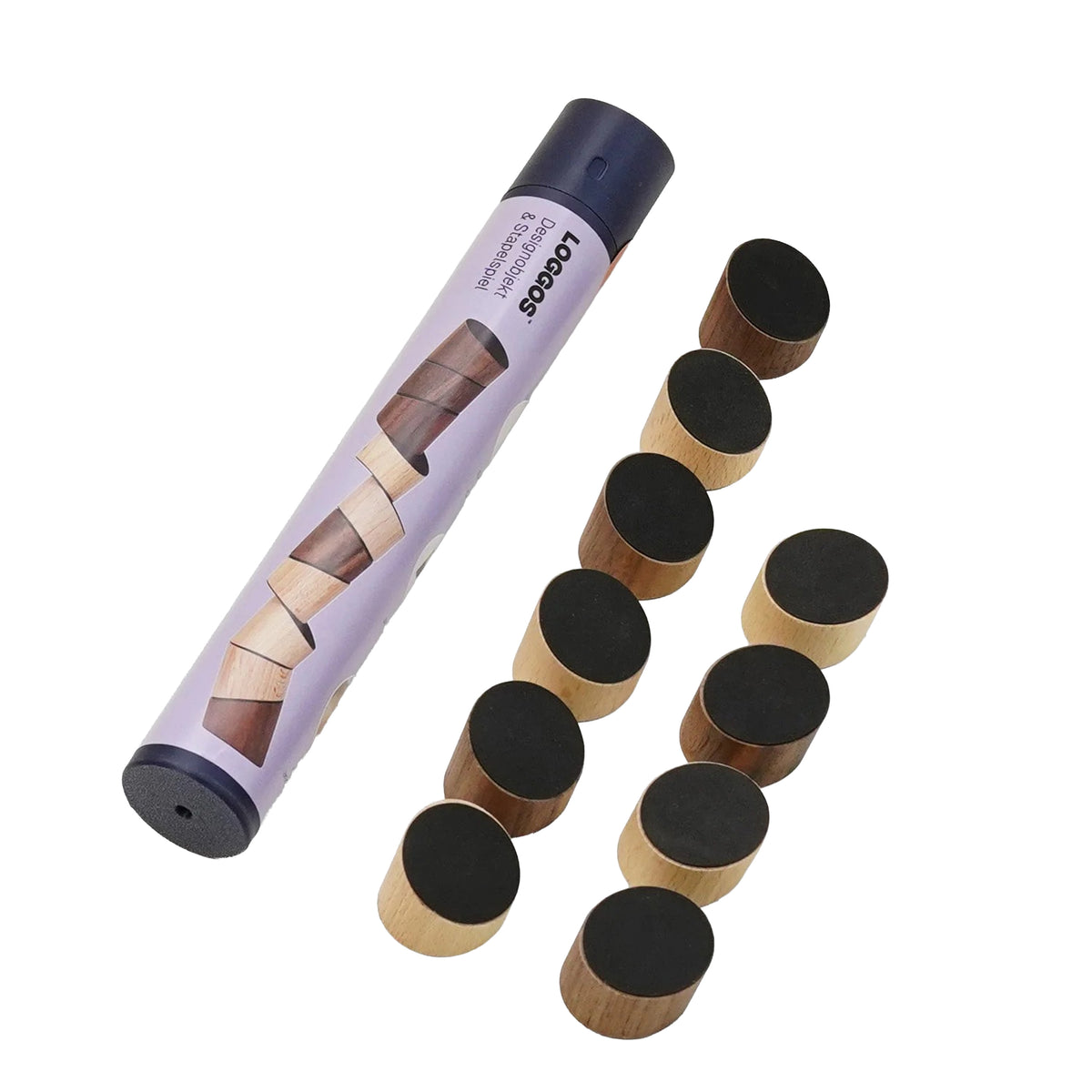 A set of ten wooden cylindrical building blocks with black circular ends, shown next to their light purple branded storage tube on a plain white background.
