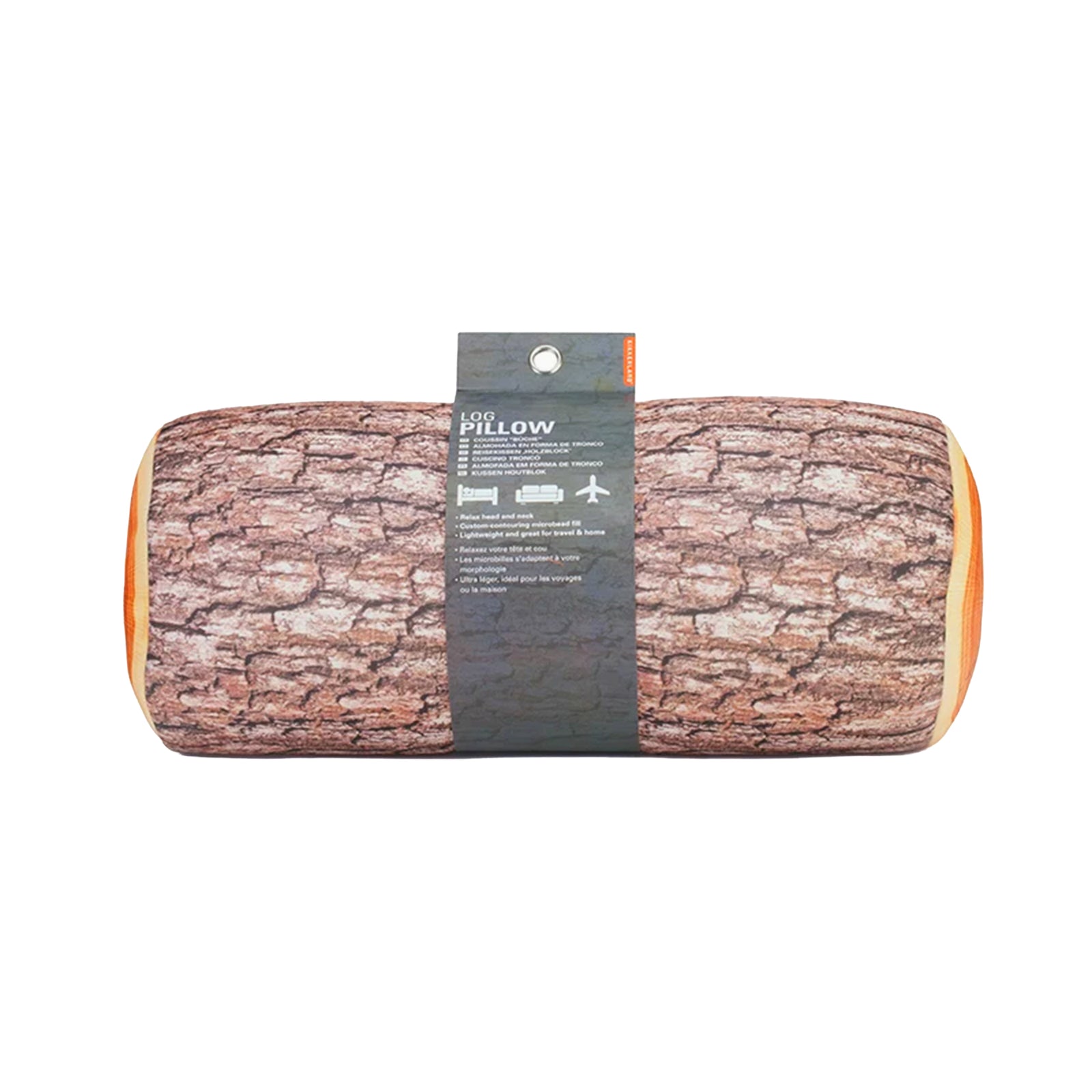 A travel style pillow shaped like a tree log on a white background.