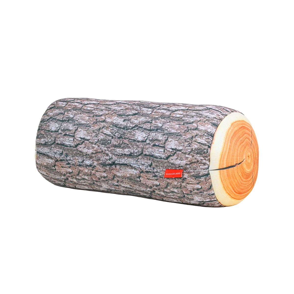 A travel style pillow shaped like a tree log on a white background.