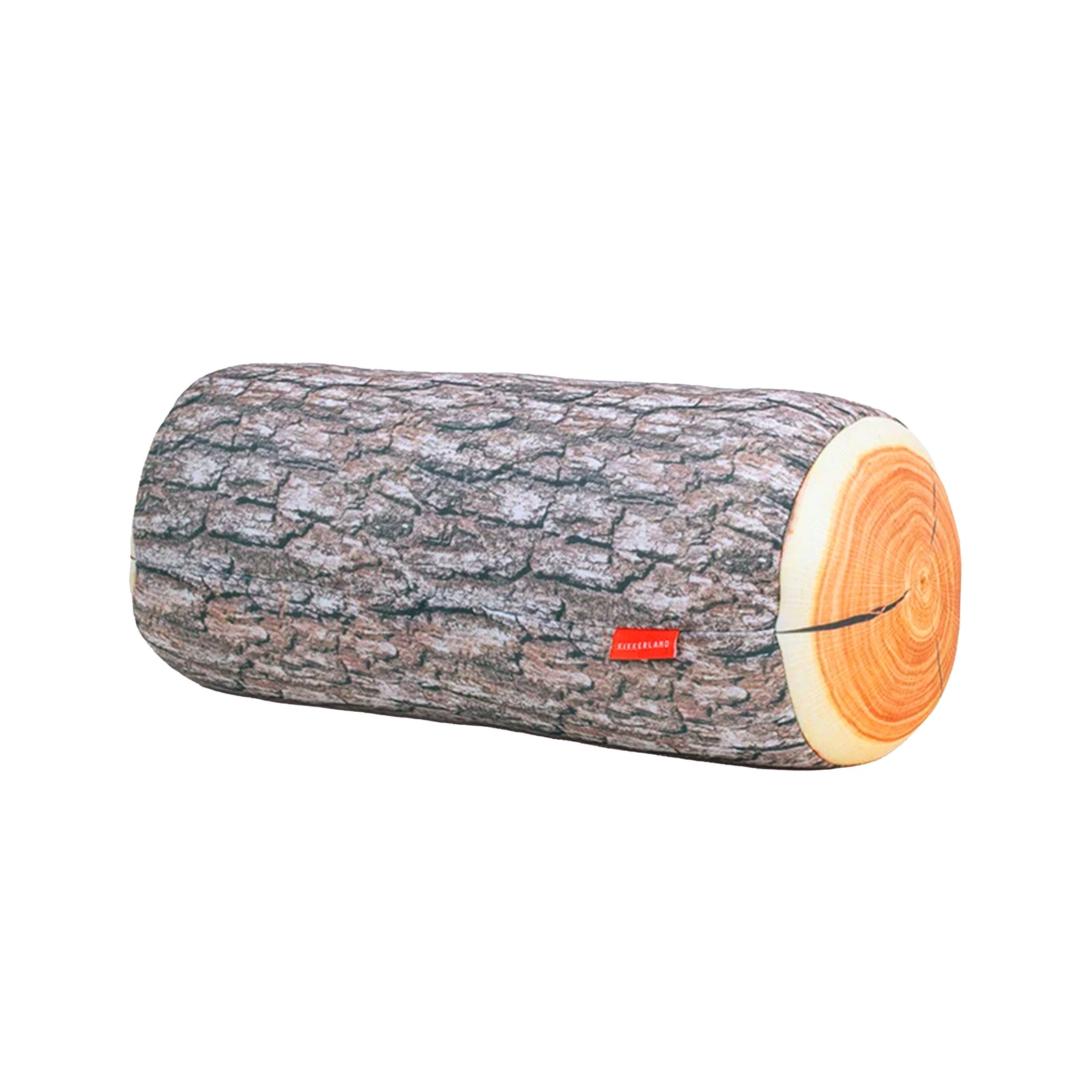 A travel style pillow shaped like a tree log on a white background.