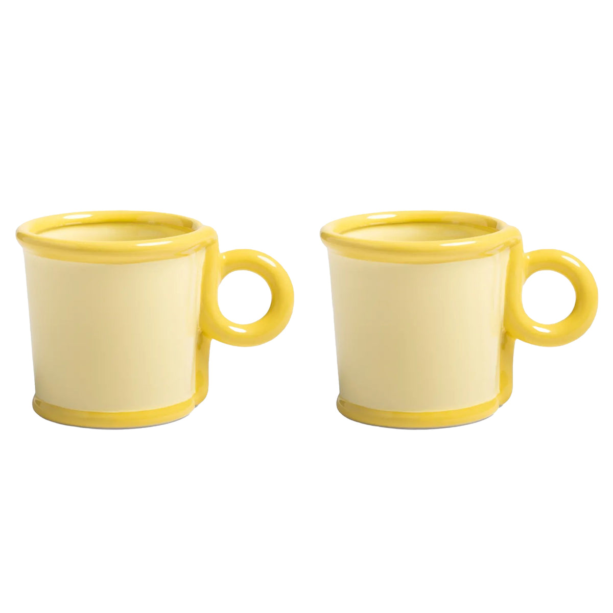 Two yellow-rimmed ceramic mugs on a white background