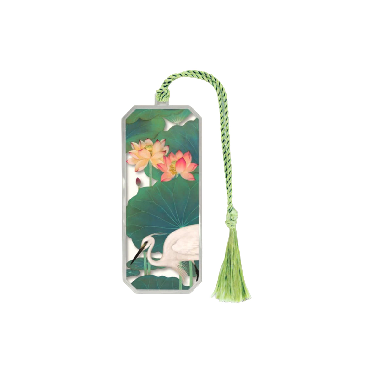 Decorative bookmark with a crane and lotus design on a white background