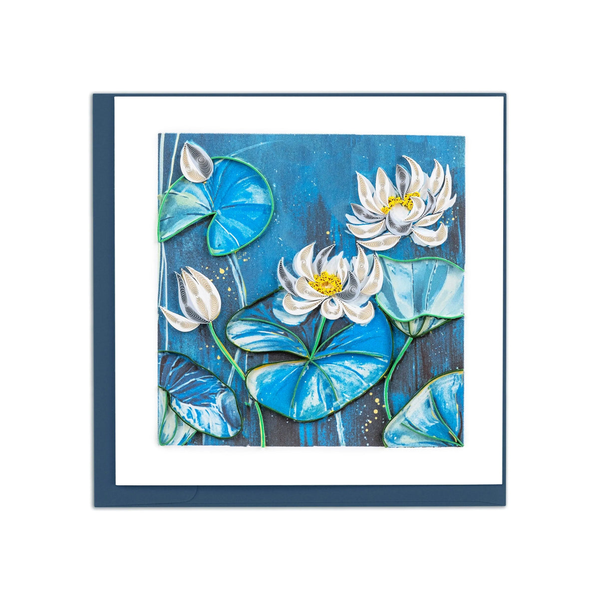 A square note card featuring a textured painting of white water lilies and blue lily pads on a dark blue background.