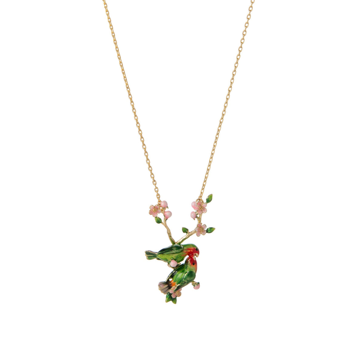 Necklace with a pendant of two green and red lovebirds on a branch with pink cherry blossom flowers, on a white background