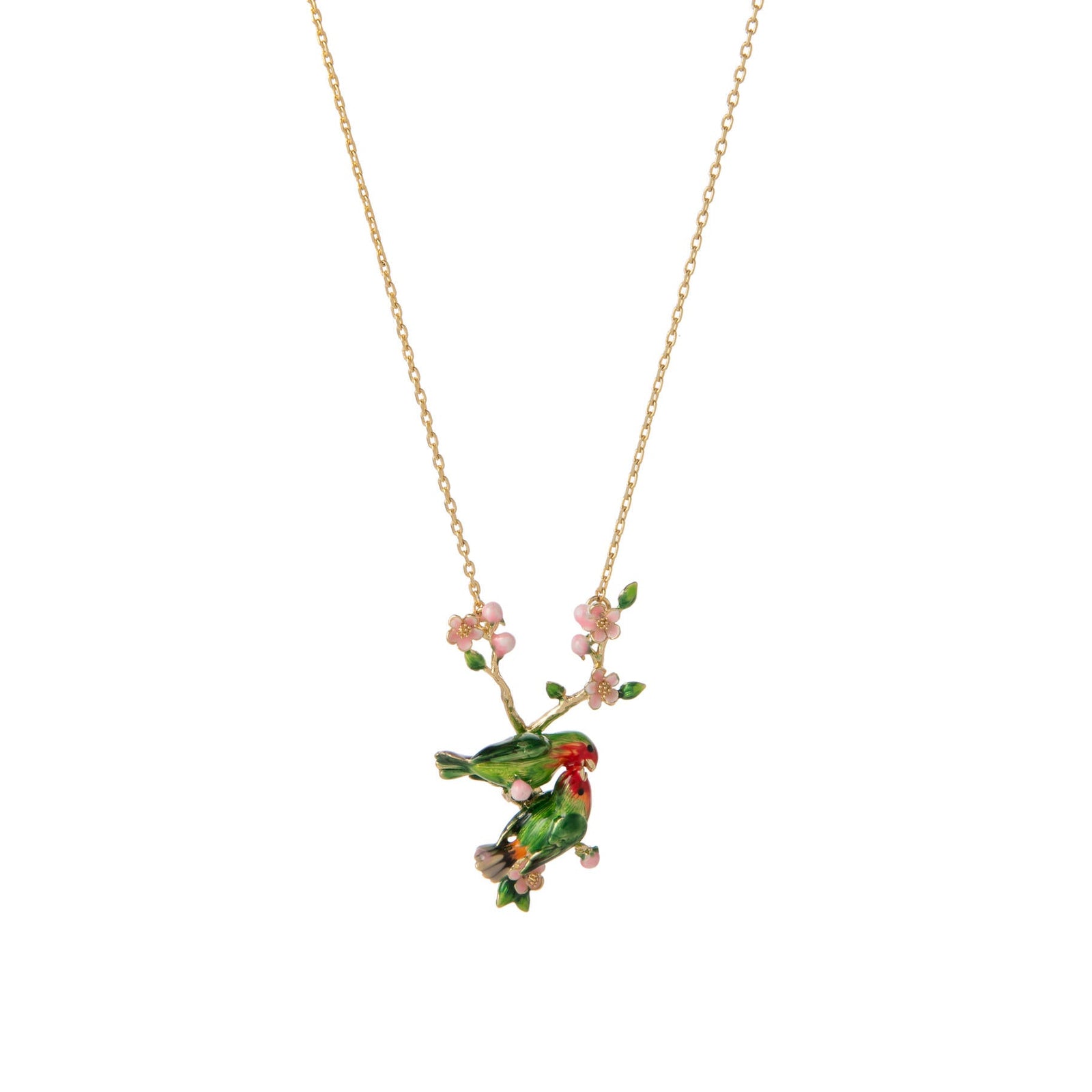 Necklace with a pendant of two green and red lovebirds on a branch with pink cherry blossom flowers, on a white background