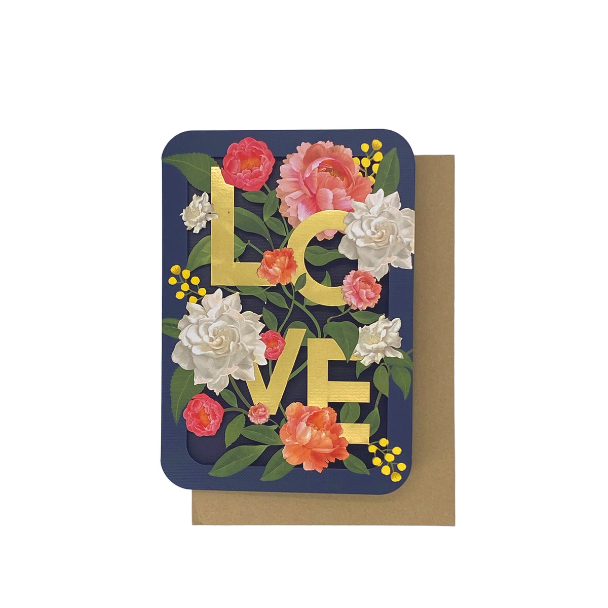 Greeting card with floral design and 'LOVE' text on a white background
