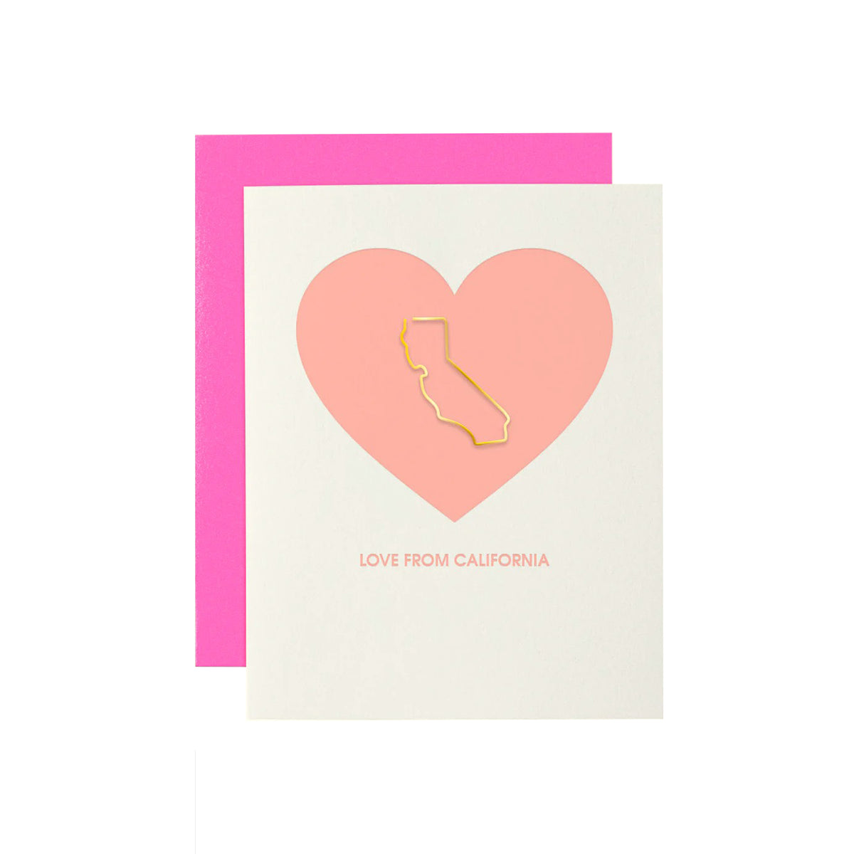 Card with pink heart and outline of California, pink envelope, on white background
