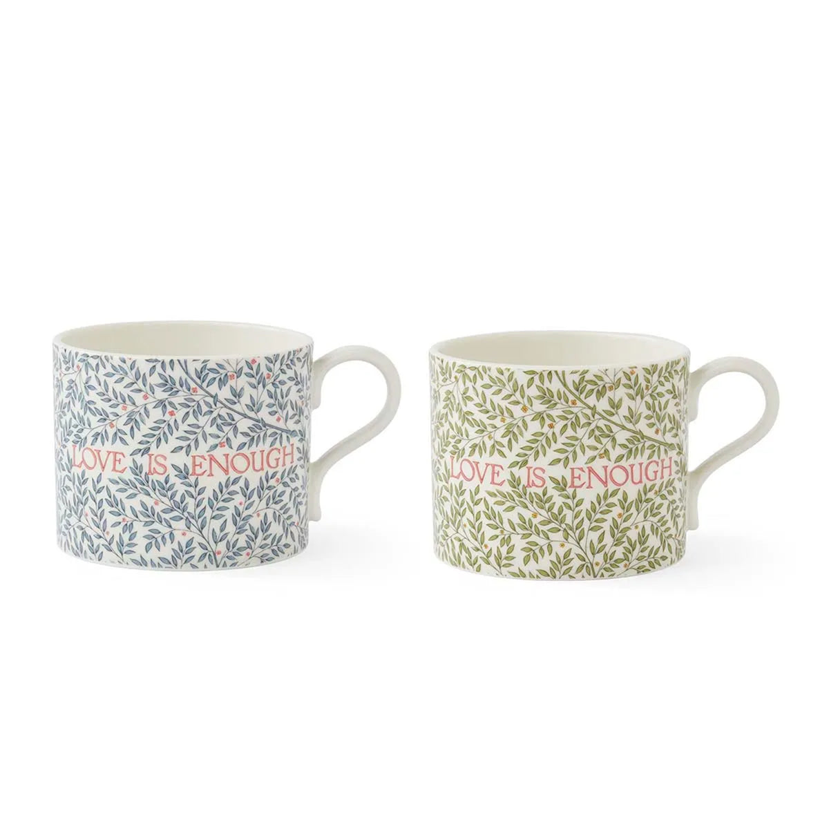 Two mugs with floral patterns and 'LOVE IS ENOUGH' text on a white background