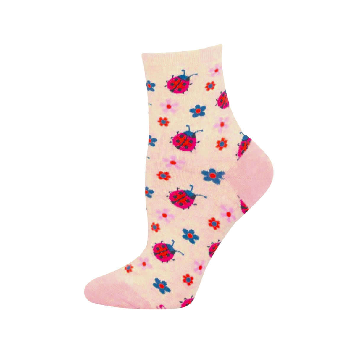 Colorful socks with ladybug and flower pattern on a white background