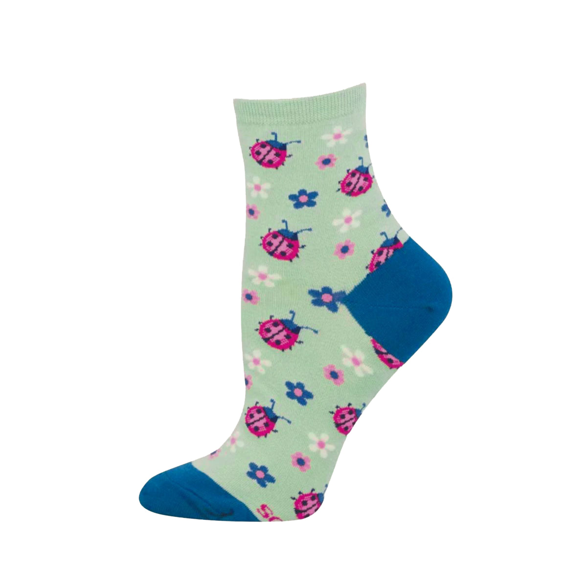 Colorful sock with ladybug pattern on a light green background