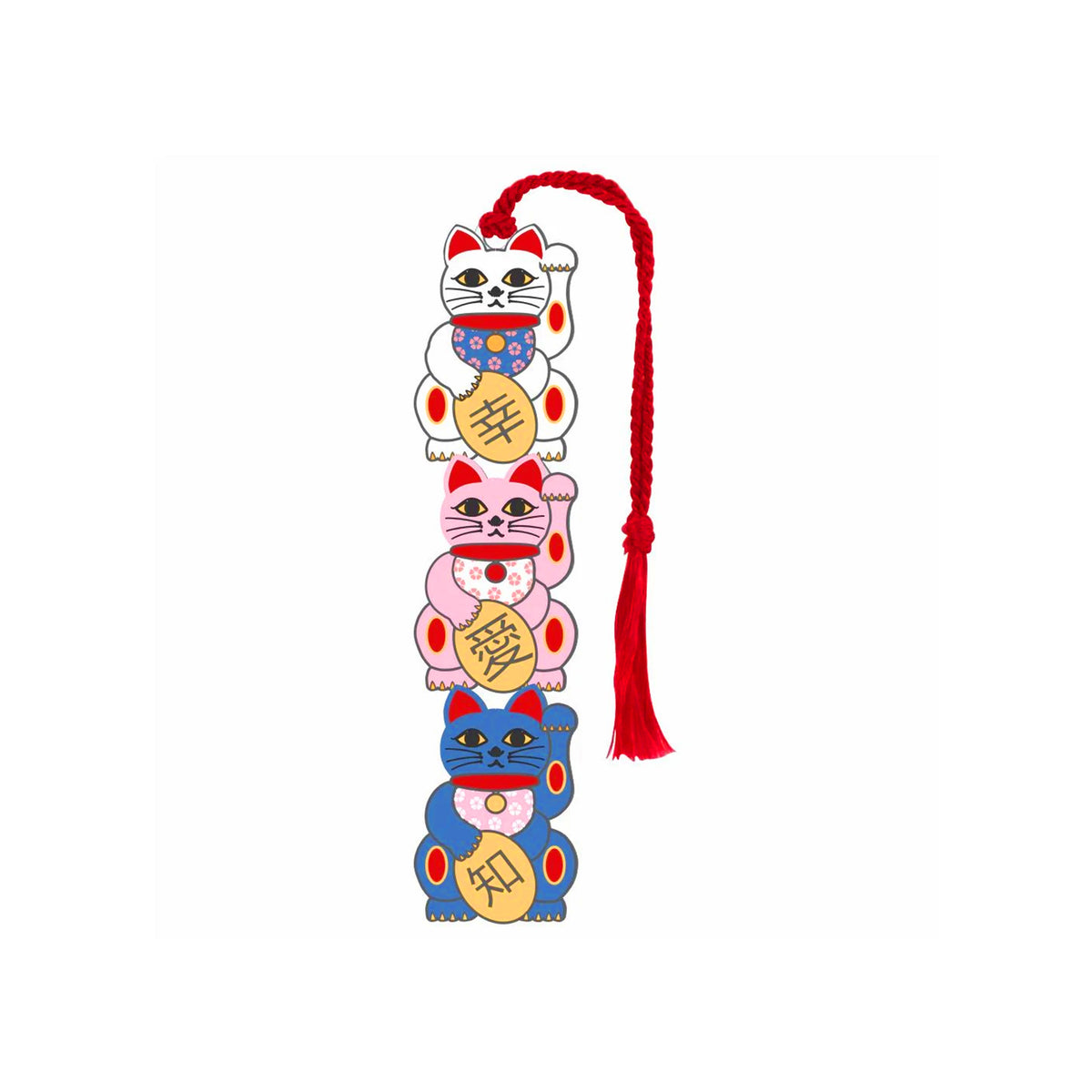 Bookmark with three Maneki Neko cats with a red tassel on a white background.